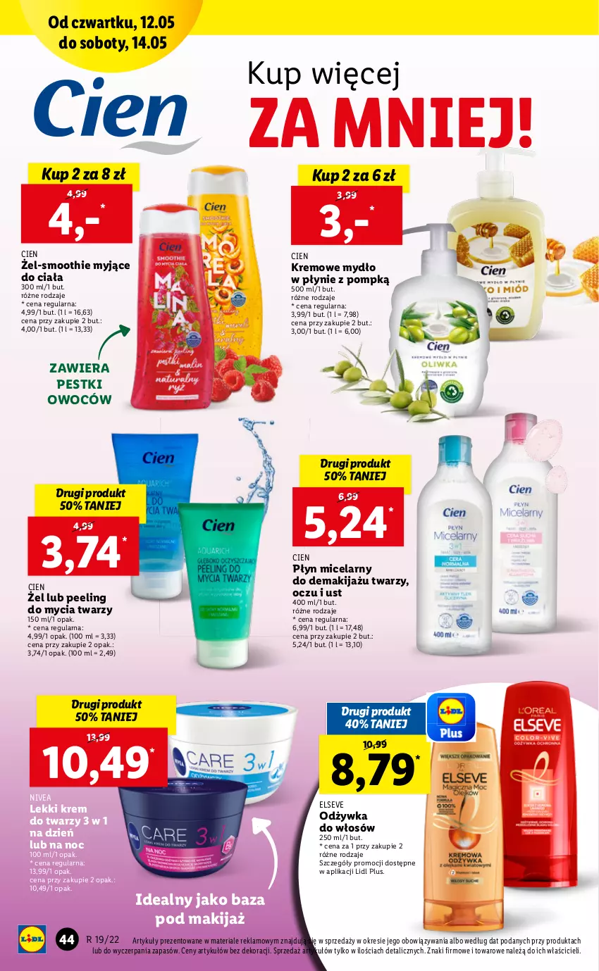 Gazetka promocyjna Lidl - GAZETKA - ważna 12.05 do 14.05.2022 - strona 44 - produkty: Elseve, Krem do twarzy, Makijaż, Mydło, Mydło w płynie, Nivea, Odżywka, Peeling, Płyn micelarny, Smoothie