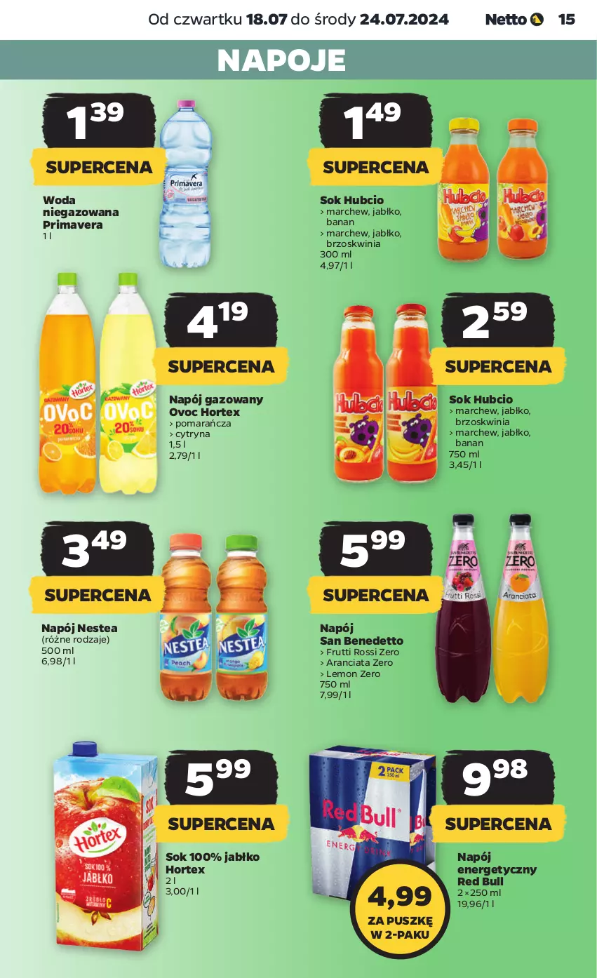 Gazetka promocyjna Netto - Artykuły spożywcze - ważna 18.07 do 24.07.2024 - strona 15 - produkty: Hortex, Napój, Napój energetyczny, Napój gazowany, Napoje, Nestea, Prima, Primavera, Red Bull, Sok, Woda, Woda niegazowana