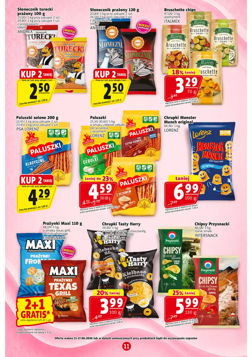 Gazetka promocyjna Prim Market - ważna 11.06 do 17.06.2026 - strona 11 - produkty: Bruschette, Chipsy, Chrupki, Gin, Grill, LG, Lorenz, Monster Munch, Mus, Por, Przysnacki, Sezam, Słonecznik prażony, Słonecznik turecki
