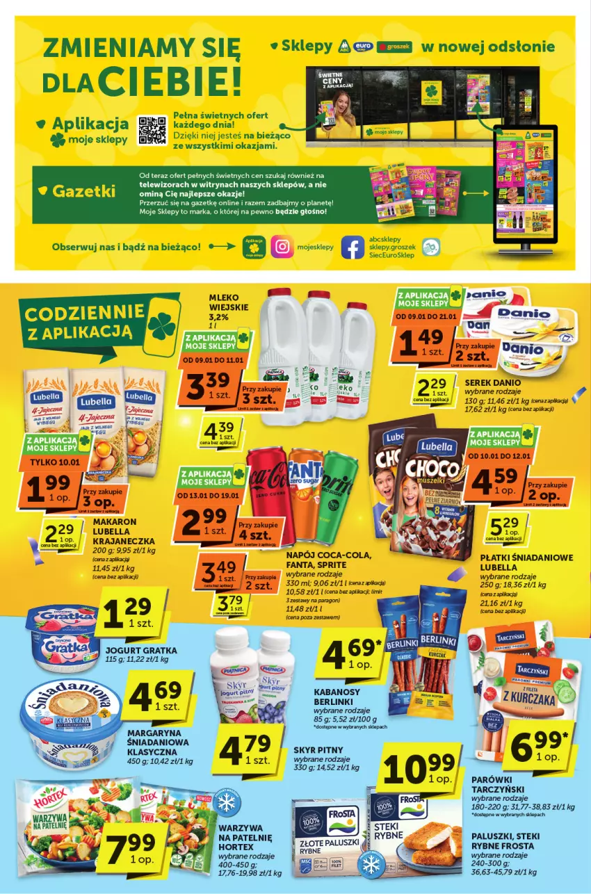 Gazetka promocyjna ABC - ważna 09.01 do 21.01.2025 - strona 2 - produkty: Bell, Bella, Berlinki, Coca-Cola, Danio, Fa, Fanta, Frosta, Gra, Groszek, Hortex, Jogurt, Kabanos, Lubella, Makaron, Margaryna, Mleko, Napój, Parówki, Ser, Serek, Sprite, Stek, Tarczyński, Telewizor, Tera, Warzywa, Witryna