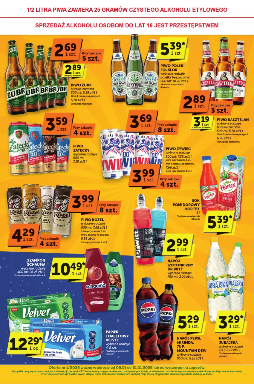 Gazetka promocyjna ABC - ważna 09.01 do 21.01.2025 - strona 4 - produkty: Hortex, Kasztelan, Kozel, Mirinda, Pepsi, Piwo, Schauma, Sok, Szampon, Velvet