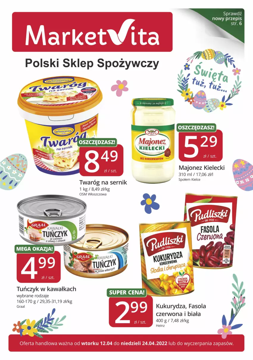 Gazetka promocyjna Market Vita - Gazetka promocyjna – Marketvita - ważna 12.04 do 24.04.2022 - strona 1 - produkty: Fa, Fasola, Heinz, Kawa, Kukurydza, Majonez, Ser, Tuńczyk, Twaróg