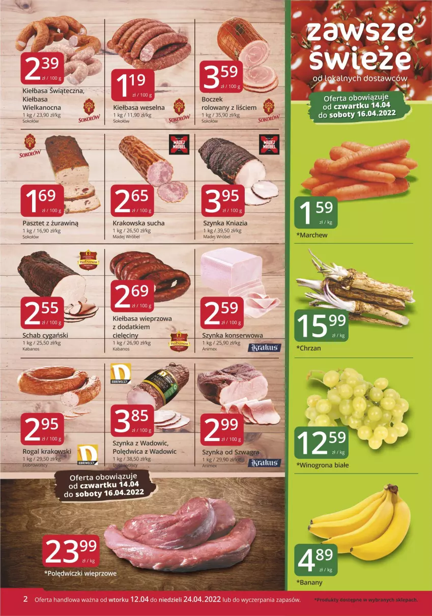 Gazetka promocyjna Market Vita - Gazetka promocyjna – Marketvita - ważna 12.04 do 24.04.2022 - strona 2 - produkty: Banany, Boczek, Chrzan, Kabanos, Kiełbasa, Krakus, Madej Wróbel, Pasztet, Polędwica, Rogal, Ser, Sok, Sokołów, Szynka, Szynka konserwowa