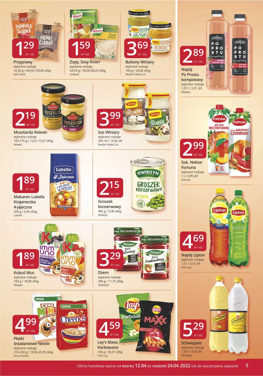 Gazetka promocyjna Market Vita - Gazetka promocyjna – Marketvita - ważna 12.04 do 24.04.2022 - strona 5 - produkty: Bell, Bella, Bulion, Cif, Danio, Dżem, Fortuna, Gin, Groszek, Herbapol, Knorr, Kubuś, Lion, Lubella, Makaron, Mus, Musztarda, Napój, Przyprawy, Schweppes, Ser, Sos, Warzywa, Winiary