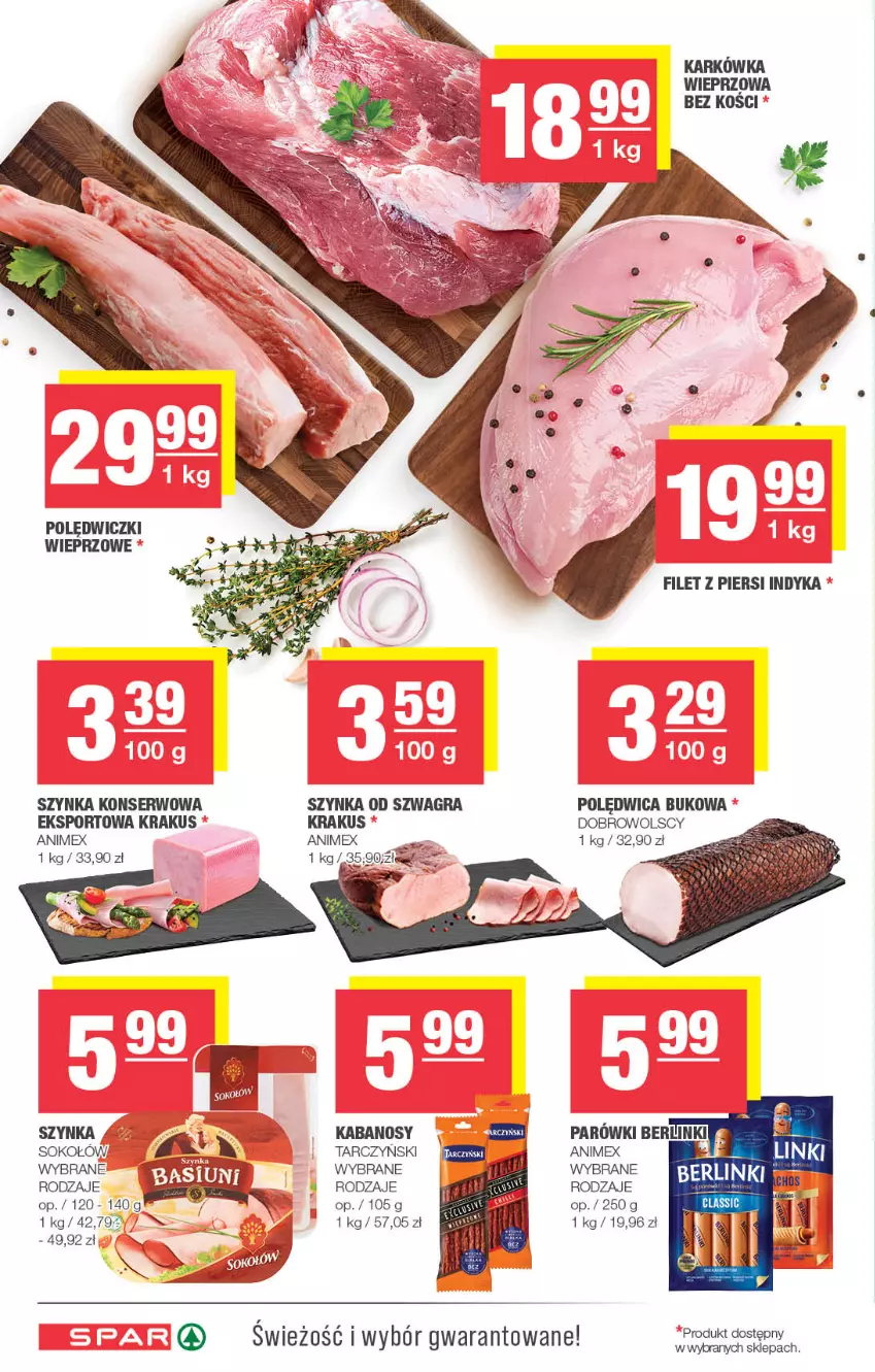 Gazetka promocyjna Spar - Spar - ważna 28.01 do 07.02.2024 - strona 4 - produkty: Berlinki, Filet z piersi indyka, Gra, Kabanos, Karkówka wieprzowa, Krakus, Polędwica, Por, Ser, Sok, Sokołów, Sport, Szynka, Szynka konserwowa, Tarczyński