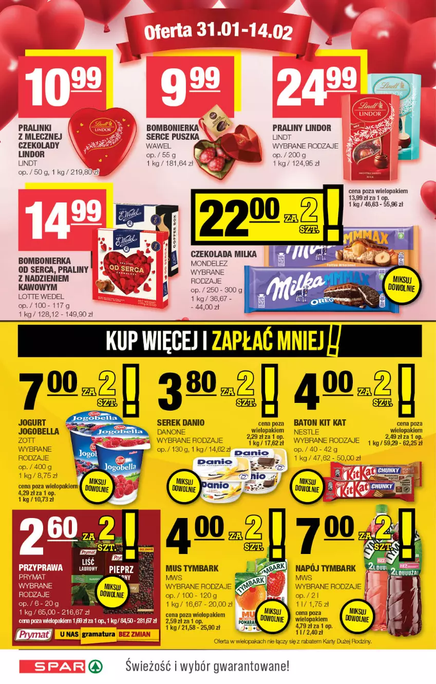 Gazetka promocyjna Spar - Spar - ważna 28.01 do 07.02.2024 - strona 6 - produkty: Baton, Bell, Bella, Danio, Danone, Fa, Jogobella, Jogurt, Kit Kat, Lindor, Lindt, Mus, Napój, Praliny, Ser, Serek, Tymbark, Wawel, Zott