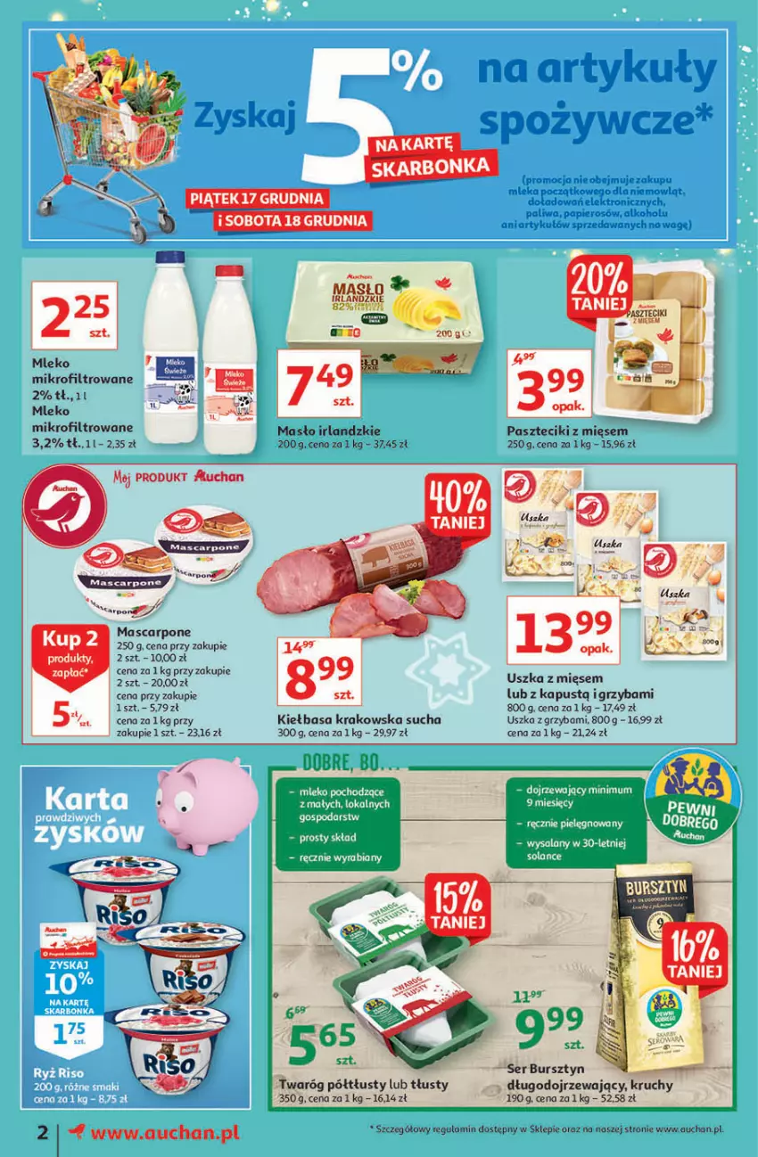 Gazetka promocyjna Auchan - Magia stołu wigilijnego Moje Auchan - ważna 16.12 do 24.12.2021 - strona 2 - produkty: Bursztyn, Kapustą, Kiełbasa, Kiełbasa krakowska, Mascarpone, Masło, Mleko, Papier, Twaróg, Twaróg półtłusty