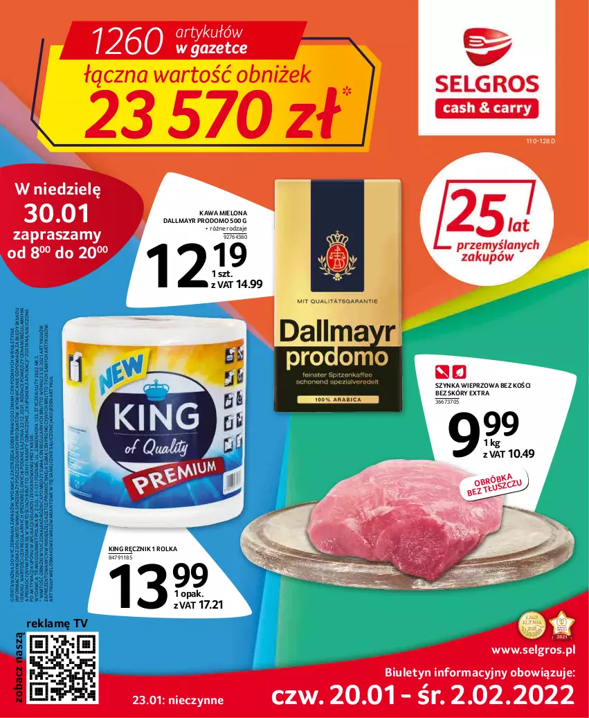 Gazetka promocyjna Selgros - Oferta spożywcza - ważna 20.01 do 02.02.2022 - strona 1 - produkty: Dallmayr, Fa, Kawa, Kawa mielona, LG, Ręcznik, Szynka, Szynka wieprzowa, Tran