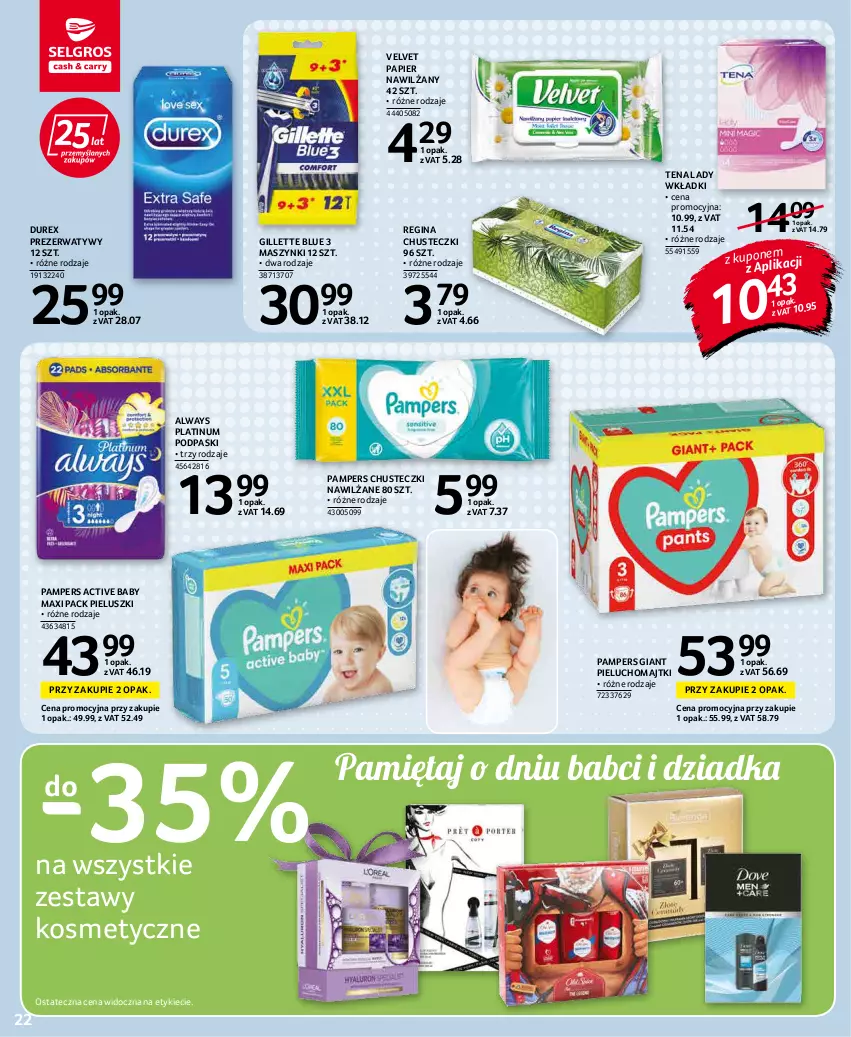 Gazetka promocyjna Selgros - Oferta spożywcza - ważna 20.01 do 02.02.2022 - strona 22 - produkty: Always, Chusteczki, Durex, Gillette, Gin, Majtki, Mięta, Pampers, Papier, Pieluchomajtki, Podpaski, Prezerwatyw, Velvet, Wkładki