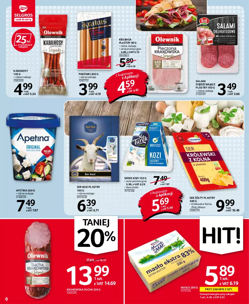 Gazetka promocyjna Selgros - Oferta spożywcza - ważna 20.01 do 02.02.2022 - strona 6 - produkty: Kabanos, Kiełbasa, Królewski, Masło, Parówki, Salami, Ser, Ser kozi, Serek, Złoty Mazur