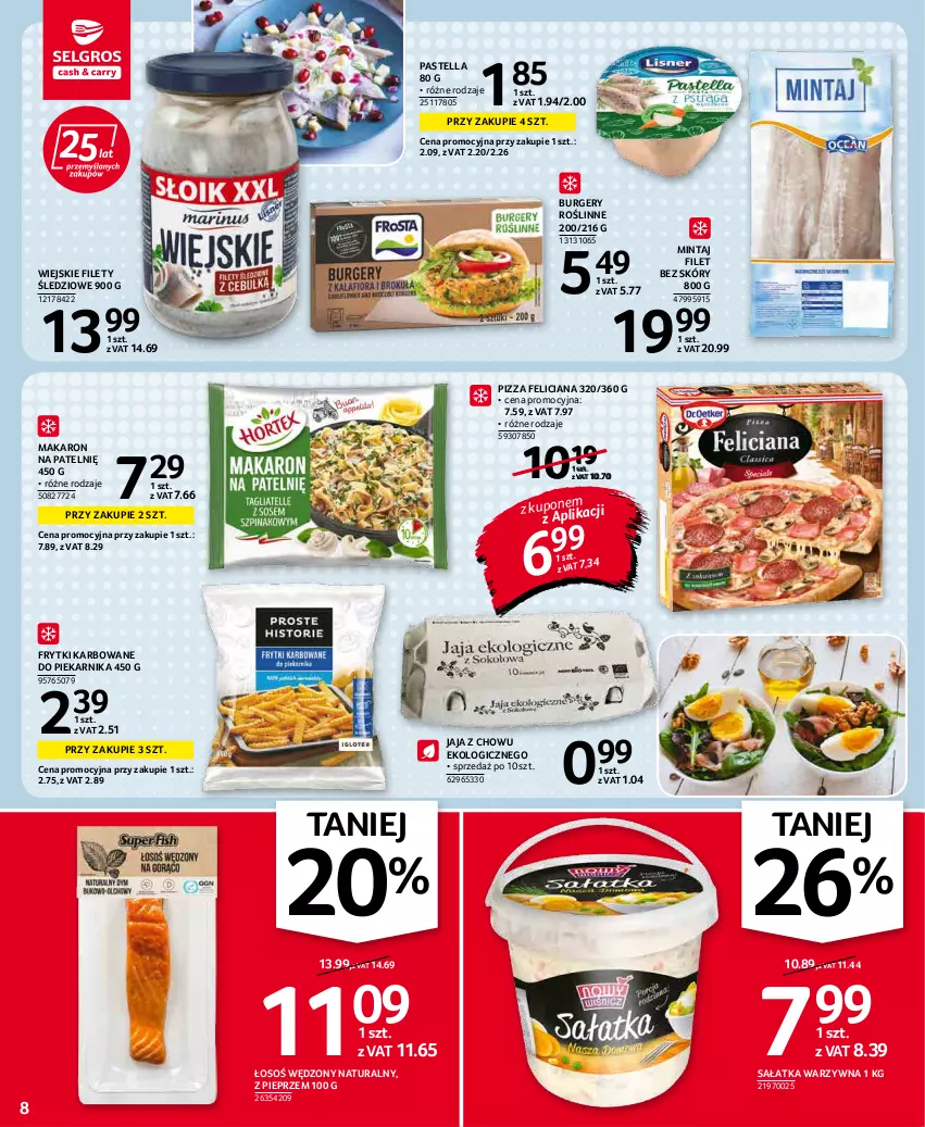 Gazetka promocyjna Selgros - Oferta spożywcza - ważna 20.01 do 02.02.2022 - strona 8 - produkty: Burger, Feliciana, Frytki, Jaja, Makaron, Mintaj, Pastella, Piekarnik, Pieprz, Pizza, Sałat, Sałatka, Sałatka warzywna