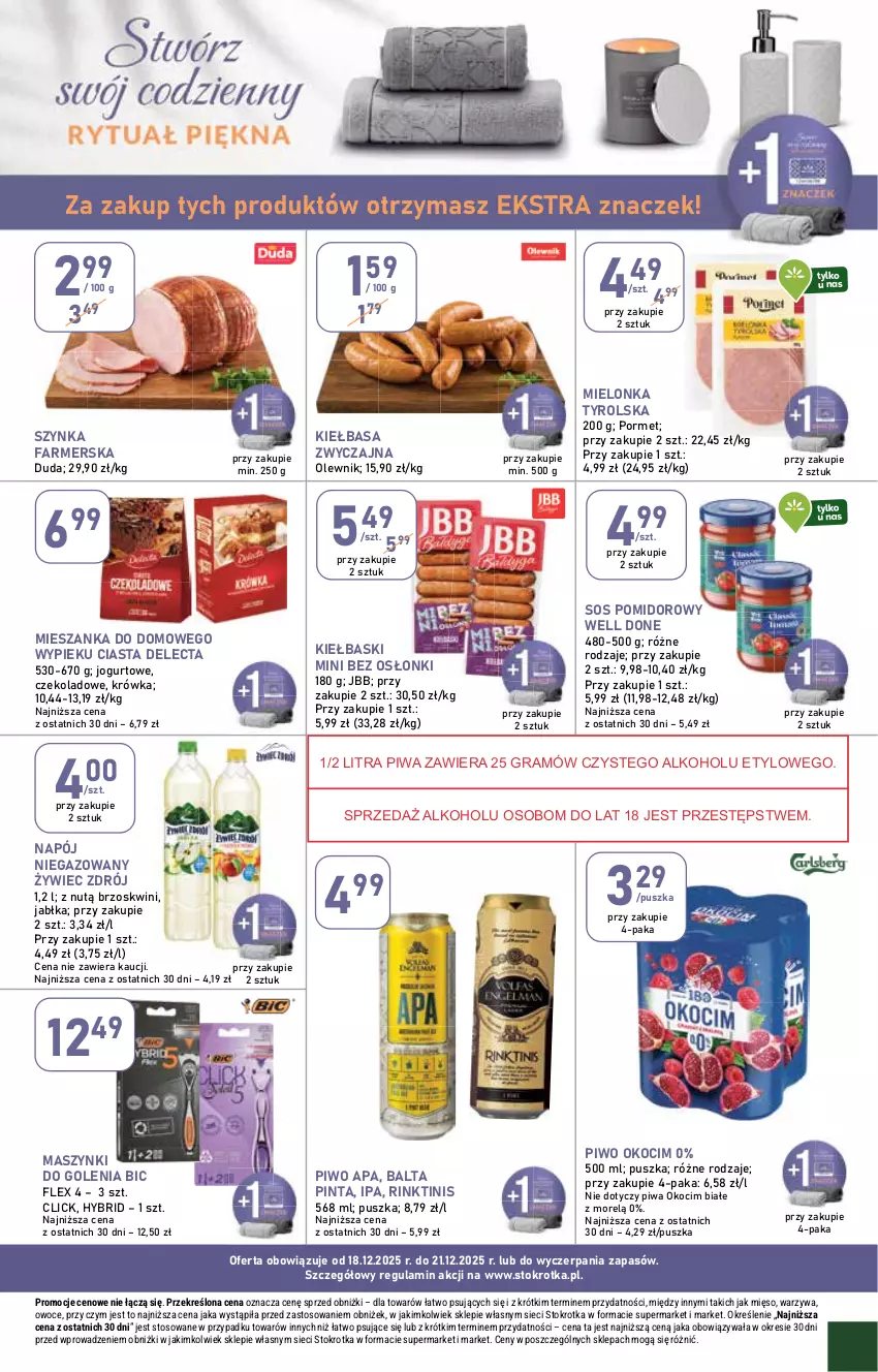 Gazetka promocyjna Stokrotka - Supermarket - ważna 18.12 do 21.12.2025 - strona 38 - produkty: BIC, Delecta, Duda, Fa, Gra, Jabłka, Jogurt, Kiełbasa, Koc, Mielonka tyrolska, Mięso, Napój, Napój niegazowany, Okocim, Olewnik, Owoce, Piwa, Piwo, Por, Sos, Sos pomidorowy, Szynka, Szynka farmerska, Warzywa