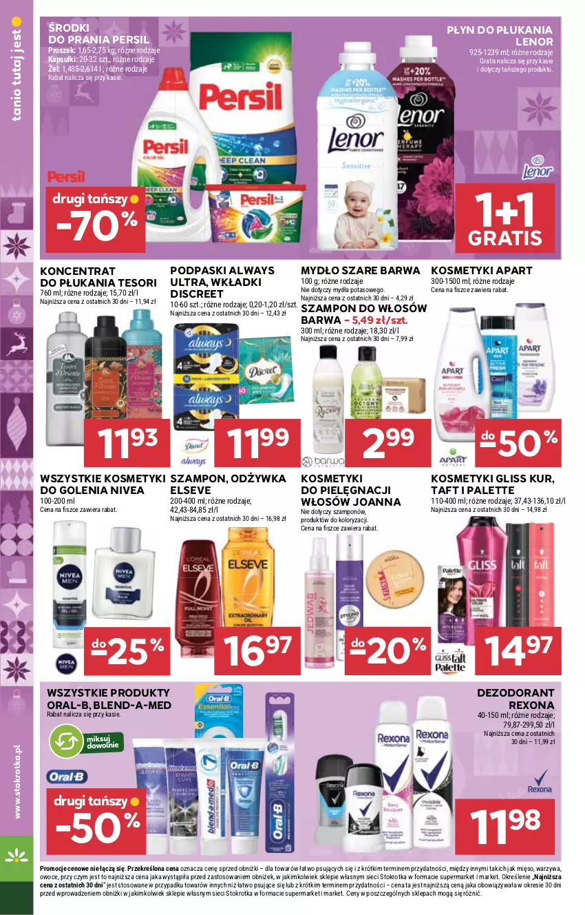 Gazetka promocyjna Stokrotka - Supermarket - ważna 18.12 do 21.12.2025 - strona 39 - produkty: Always, Always Ultra, Blend-a-Med, Dezodorant, Discreet, Elseve, Gliss Kur, Gra, Joanna, Kosmetyki do pielęgnacji, Lenor, Mięso, Mydło, Nivea, Odżywka, Owoce, Palette, Persil, Płyn do płukania, Podpaski, Rexona, Szampon, Taft, Warzywa, Wkładki