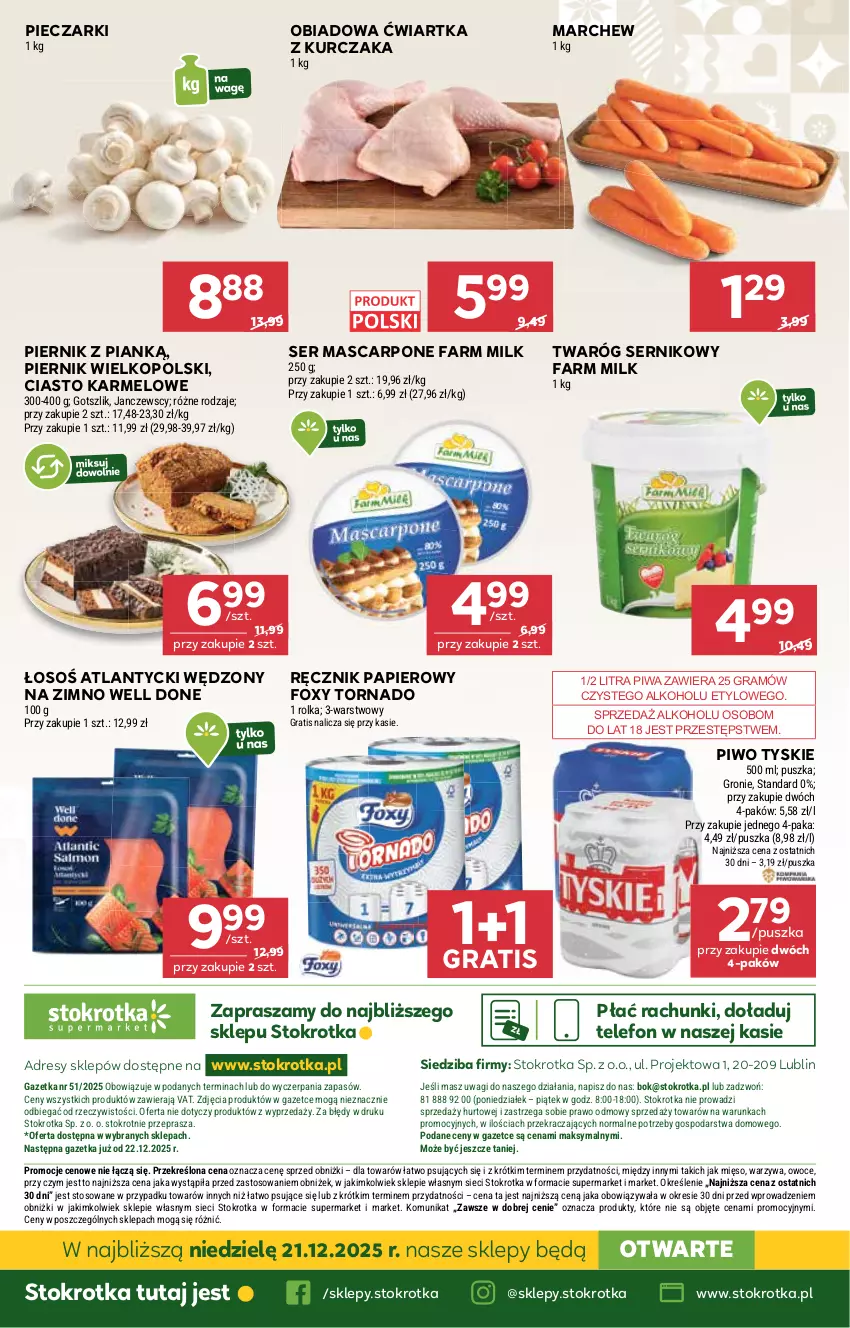 Gazetka promocyjna Stokrotka - Supermarket - ważna 18.12 do 21.12.2025 - strona 50 - produkty: Dres, Fa, Farm Milk, Foxy, Gra, JBL, Kurczak, Mascarpone, Mięso, O nas, Owoce, Papier, Piec, Piernik, Piwa, Piwo, Ręcznik, Ser, Telefon, Twaróg, Tyskie, Wagi, Warzywa