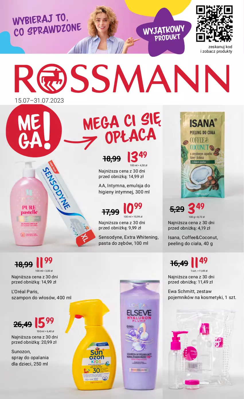 Gazetka promocyjna Rossmann - 15 lipca - ważna 15.07 do 31.07.2023 - strona 1 - produkty: Dzieci, Emulsja, Ewa Schmitt, Isana, L’Oréal, Pasta do zębów, Peeling, Pojemnik, Sensodyne, Szampon