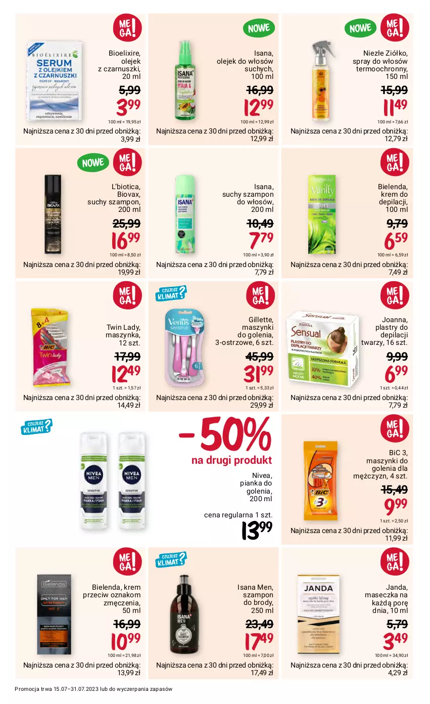 Gazetka promocyjna Rossmann - 15 lipca - ważna 15.07 do 31.07.2023 - strona 10 - produkty: BIC, Bielenda, Biovax, Gillette, Isana, Joanna, Krem do depilacji, Maszynka, Nivea, Olej, Pianka do golenia, Plastry do depilacji, Por, Suchy szampon, Szampon, Szynka