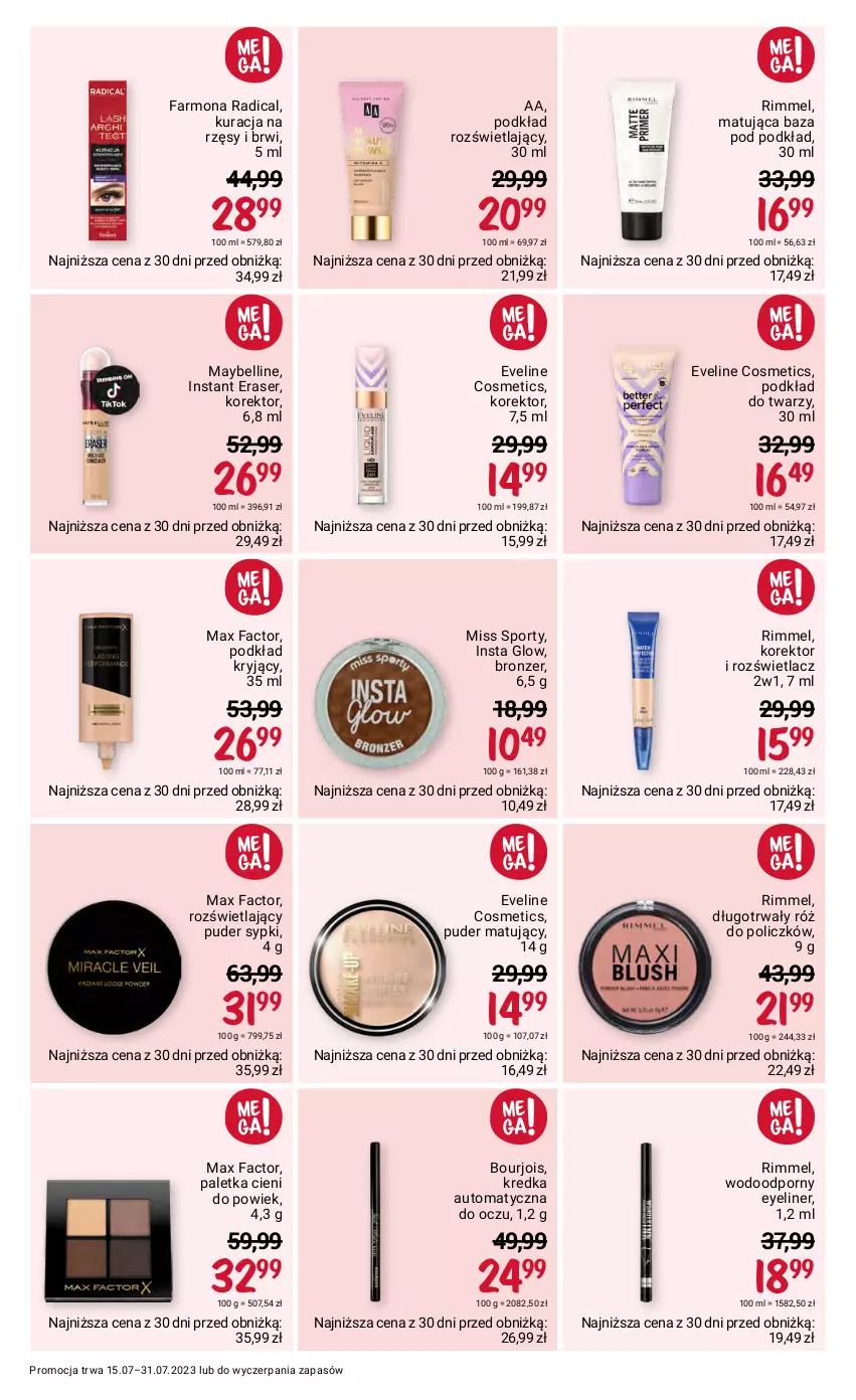 Gazetka promocyjna Rossmann - 15 lipca - ważna 15.07 do 31.07.2023 - strona 6 - produkty: Bell, Bourjois, Bronzer, Eveline, Fa, Kredka, Max Factor, Maybelline, Miss Sporty, Paletka cieni, Podkład, Podkład do twarzy, Por, Puder, Róż do policzków, Rozświetlacz, Ser, Sport