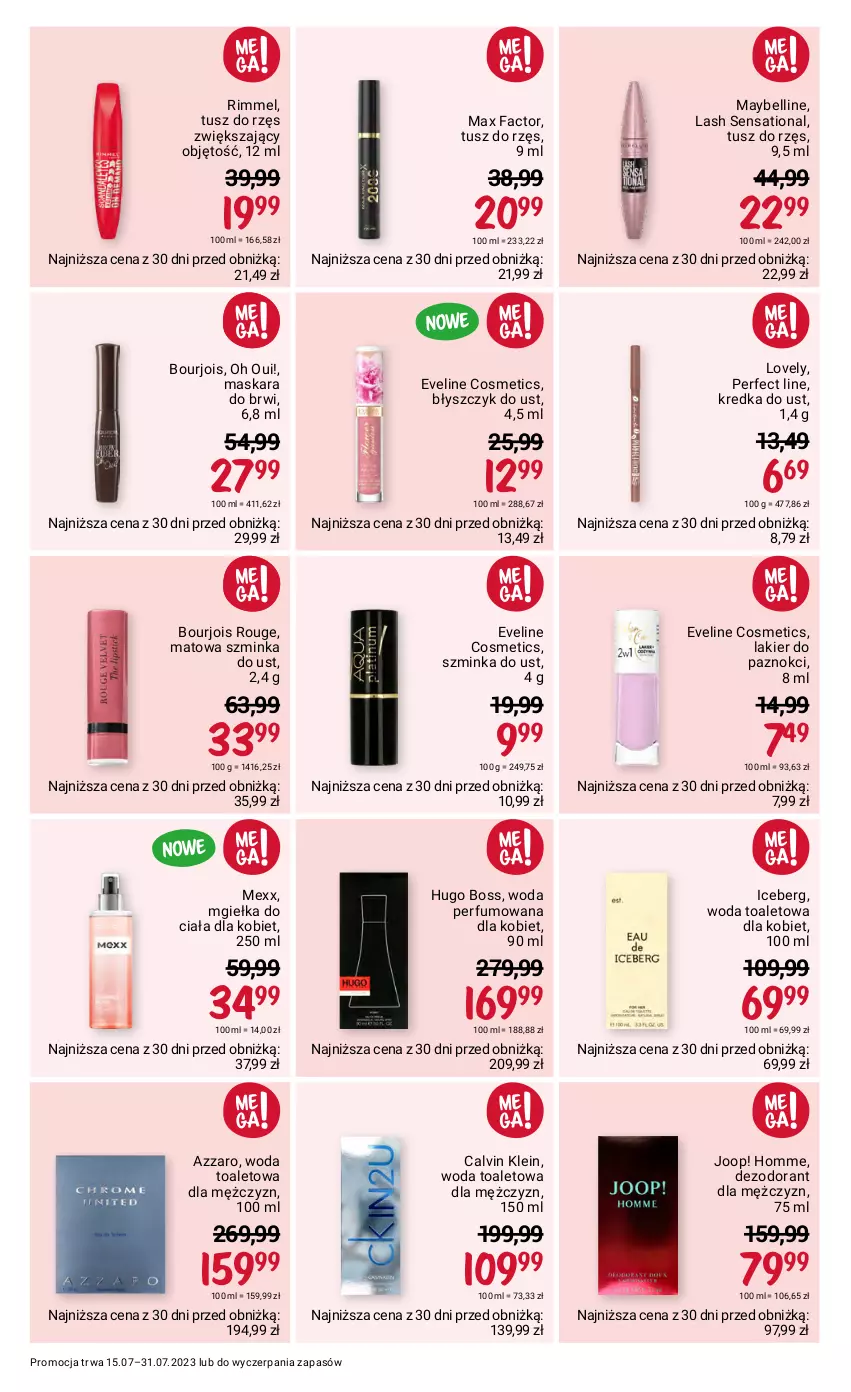 Gazetka promocyjna Rossmann - 15 lipca - ważna 15.07 do 31.07.2023 - strona 7 - produkty: Azzaro, Bell, Błyszczyk do ust, Bourjois, Calvin Klein, Dezodorant, Eveline, Fa, Hugo Boss, Inka, JOOP!, Kredka, Lakier, Lakier do paznokci, Lovely, Maska, Maskara, Max Factor, Maybelline, Mexx, Perfum, Sati, Szminka, Tusz, Woda, Woda perfumowana, Woda toaletowa