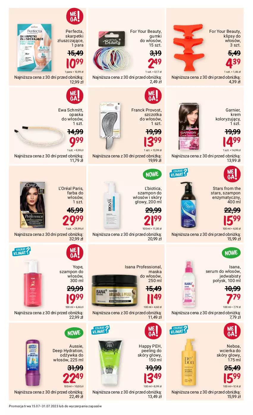 Gazetka promocyjna Rossmann - 15 lipca - ważna 15.07 do 31.07.2023 - strona 9 - produkty: Ewa Schmitt, Fa, Farba do włosów, For Your Beauty, Franck Provost, Garnier, Isana, Karp, L’Oréal, Maska, Maska do włosów, Odżywka, Opaska, Opaska do włosów, Peeling, Perfecta, Rum, Ser, Serum, Serum do włosów, Skarpetki, Szampon, Szczotka, Szczotka do włosów, Yope