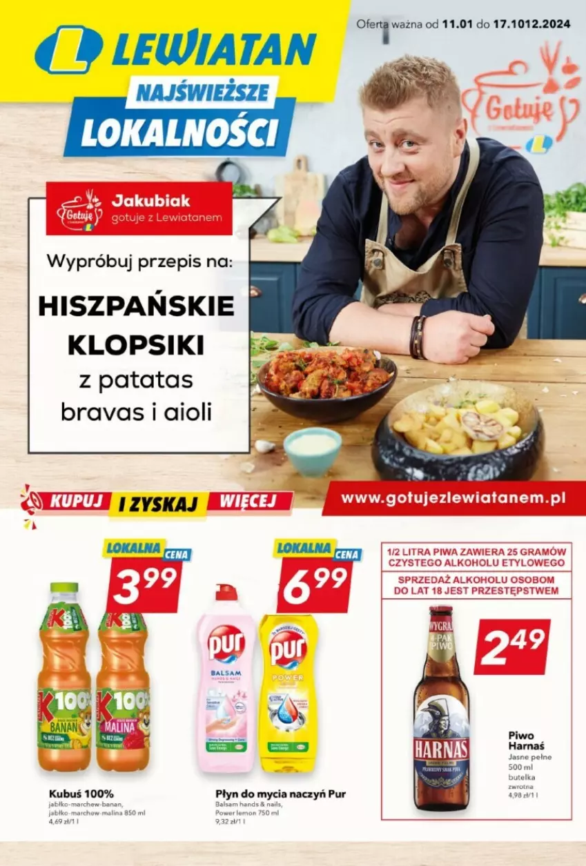 Gazetka promocyjna  - ważna 11.01 do 17.01.2024 - strona 1 - produkty: Do mycia naczyń, Harnaś, Klopsiki, Kubuś, Piwo, Płyn do mycia, Płyn do mycia naczyń, Pur