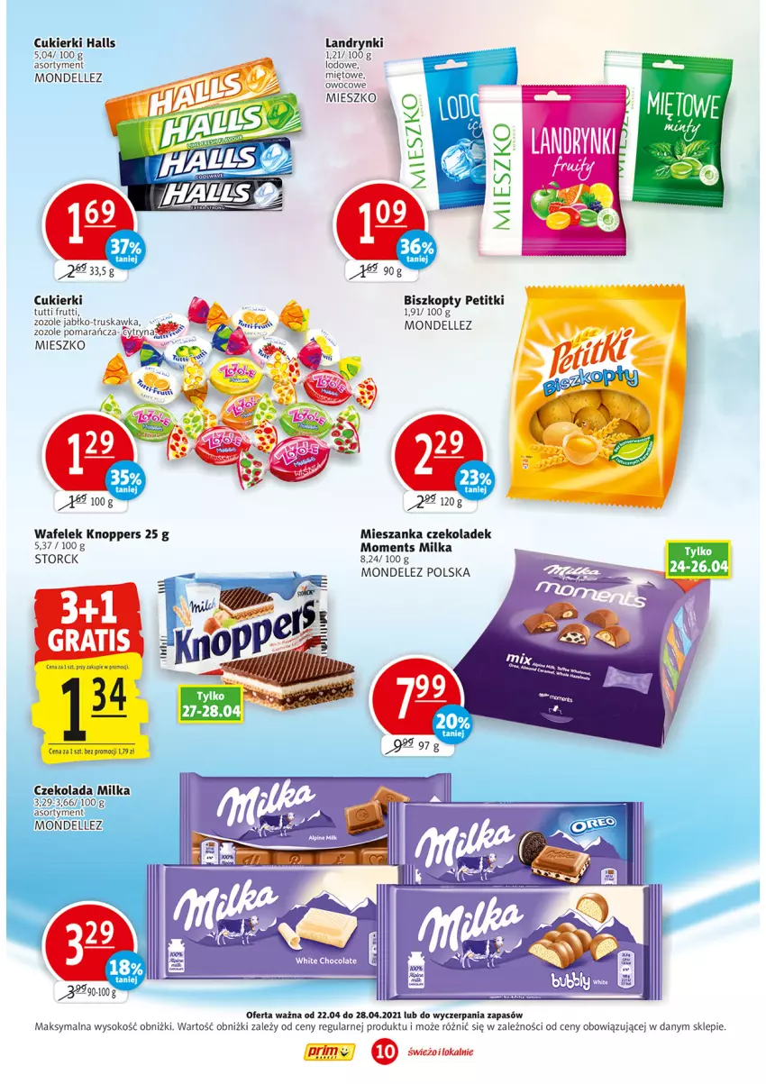 Gazetka promocyjna Prim Market - Gazetka - ważna 22.04 do 28.04.2021 - strona 10 - produkty: Biszkopty, Cukier, Cukierki, Czekolada, Dell, Halls, Knoppers, Milka, Moments, Sok, Wafelek