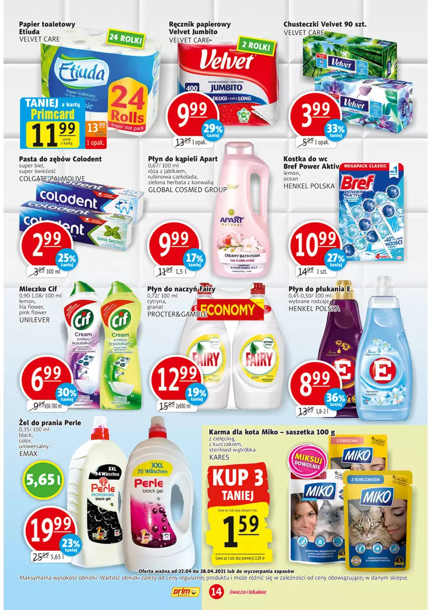 Gazetka promocyjna Prim Market - Gazetka - ważna 22.04 do 28.04.2021 - strona 14 - produkty: Bref, Chusteczki, Cif, Czekolada, Fa, Fairy, Gra, Granat, Herbata, Kostka do wc, Lack, Mleczko, Papier, Papier toaletowy, Pasta do zębów, Płyn do kąpieli, Płyn do płukania, Ręcznik, Róża, Rubin, Velvet