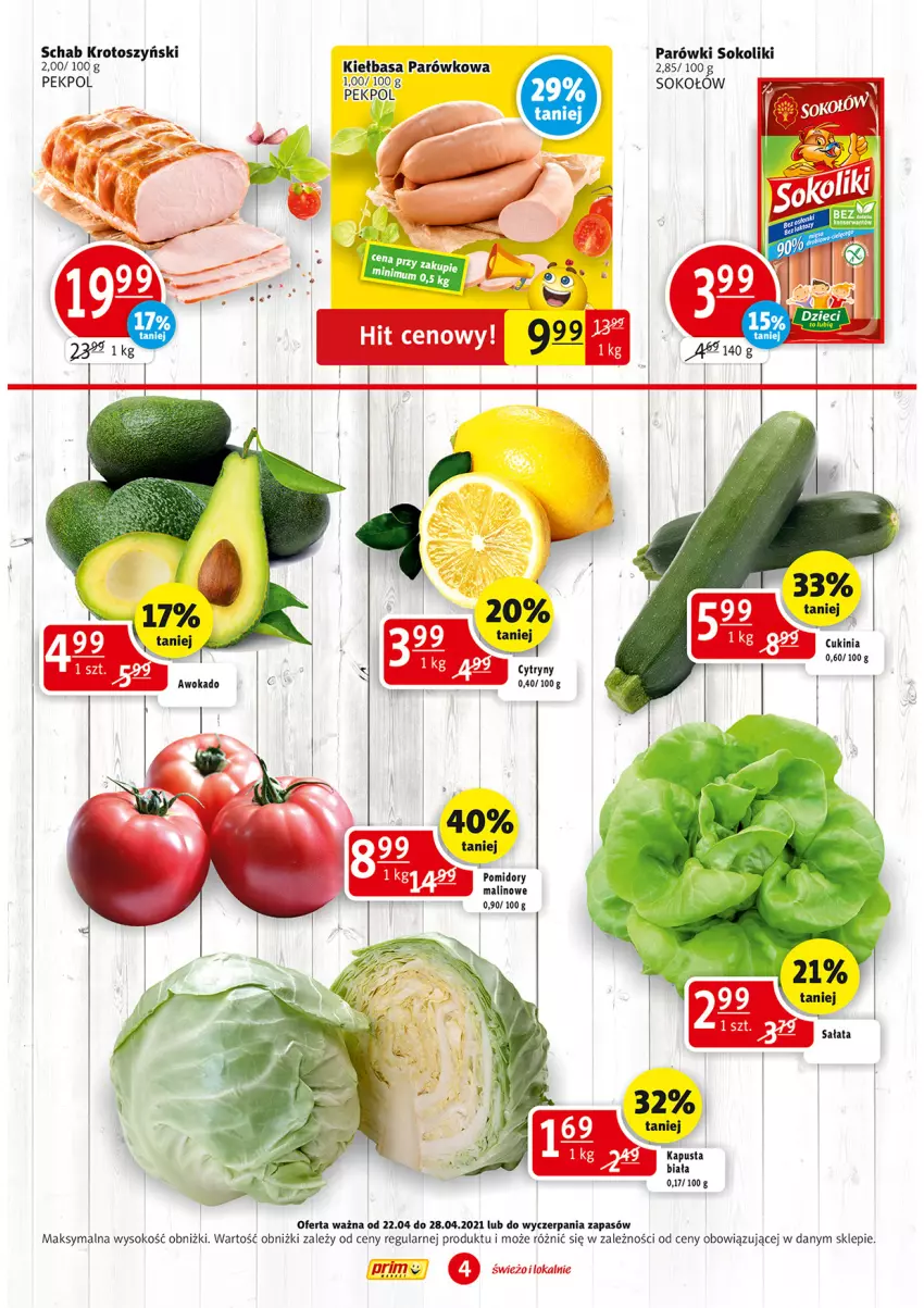 Gazetka promocyjna Prim Market - Gazetka - ważna 22.04 do 28.04.2021 - strona 4 - produkty: Cytryny, Kiełbasa, Parówki, Parówki sokoliki, Pekpol, Schab krotoszyński, Sok