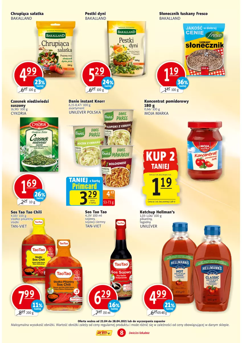 Gazetka promocyjna Prim Market - Gazetka - ważna 22.04 do 28.04.2021 - strona 8 - produkty: Bakalland, Czosnek, Fresco, Ketchup, Knorr, Koncentrat pomidorowy, Pestki dyni, Sałat, Sałatka, Sok, Sos, Sos sojowy, TaoTao