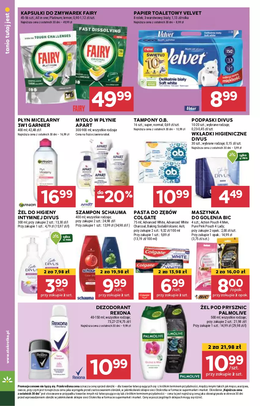 Gazetka promocyjna Stokrotka - Supermarket - ważna 13.08 do 21.08.2024 - strona 28 - produkty: BIC, Colgate, Dezodorant, Fa, Fairy, Garnier, LG, Maszynka, Maszynka do golenia, Mięso, Mydło, Mydło w płynie, O.B., Owoce, Palmolive, Papier, Papier toaletowy, Pasta do zębów, Płyn micelarny, Podpaski, Pur, Rexona, Schauma, Szampon, Szynka, Tampony, Velvet, Warzywa, Wkładki