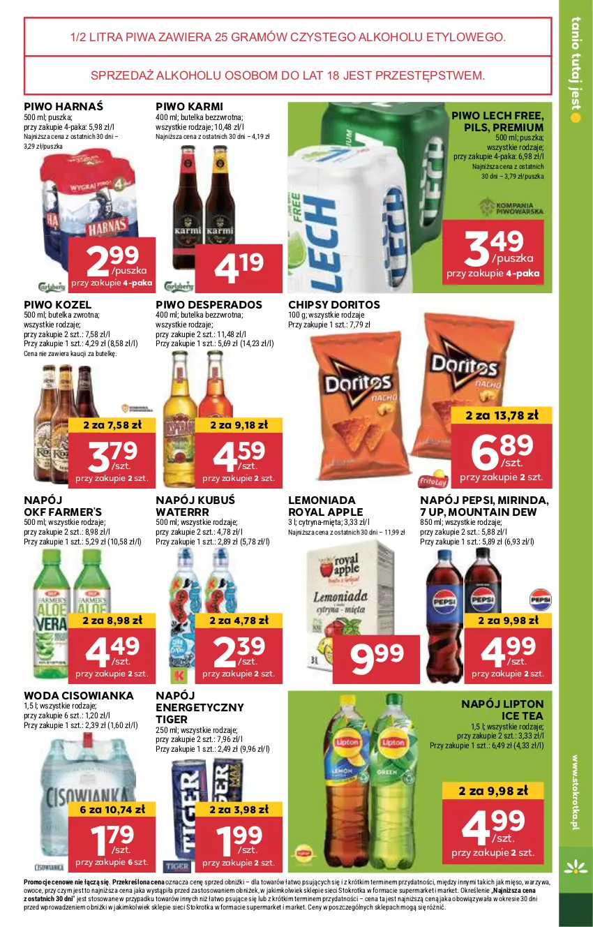 Gazetka promocyjna Stokrotka - Supermarket - ważna 13.08 do 21.08.2024 - strona 35 - produkty: Chipsy, Cisowianka, Desperados, Fa, Gra, Harnaś, Ice tea, Karmi, Kozel, Kubuś, Kubuś Waterrr, Lemoniada, Lipton, Mięso, Mięta, Mirinda, Napój, Napój energetyczny, Owoce, Pepsi, Piwa, Piwo, Tiger, Warzywa, Woda