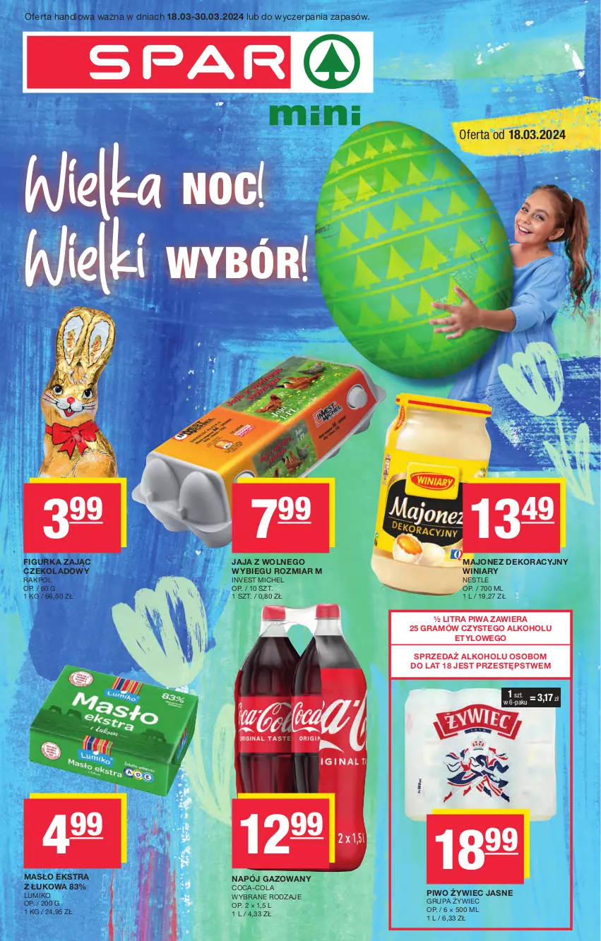 Gazetka promocyjna Spar - Spar-Mini - ważna 17.03 do 27.03.2024 - strona 1 - produkty: Coca-Cola, Gra, Jaja, Jaja z wolnego wybiegu, Majonez, Masło, Napój, Napój gazowany, Piwa, Piwo, Winiary