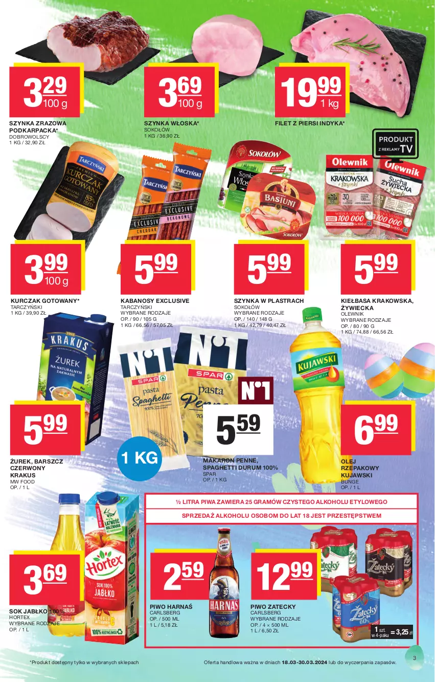 Gazetka promocyjna Spar - Spar-Mini - ważna 17.03 do 27.03.2024 - strona 3 - produkty: Carlsberg, Filet z piersi indyka, Gra, Harnaś, Hortex, Kabanos, Karp, Kiełbasa, Kiełbasa krakowska, Krakus, Kujawski, Kurczak, Kurczak gotowany, Makaron, Olej, Olej rzepakowy, Olewnik, Penne, Piwa, Piwo, Rum, Sok, Sokołów, Spaghetti, Szynka, Tarczyński