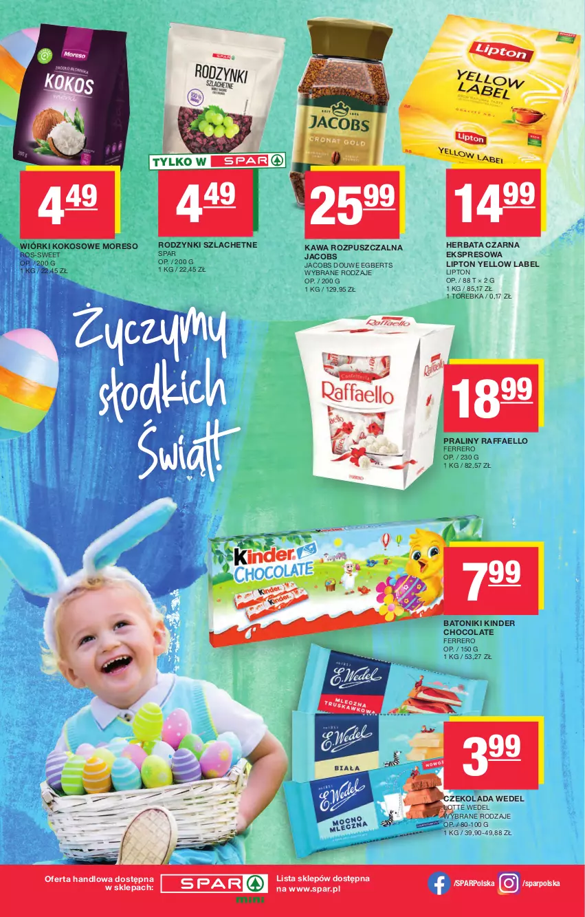 Gazetka promocyjna Spar - Spar-Mini - ważna 17.03 do 27.03.2024 - strona 4 - produkty: Baton, Czekolada, Fa, Ferrero, Herbata, Herbata czarna, Jacobs, Kawa, Kawa rozpuszczalna, Kinder, Kokos, Lipton, Praliny, Raffaello, Rodzynki, Tonik, Torebka, Wiórki kokosowe