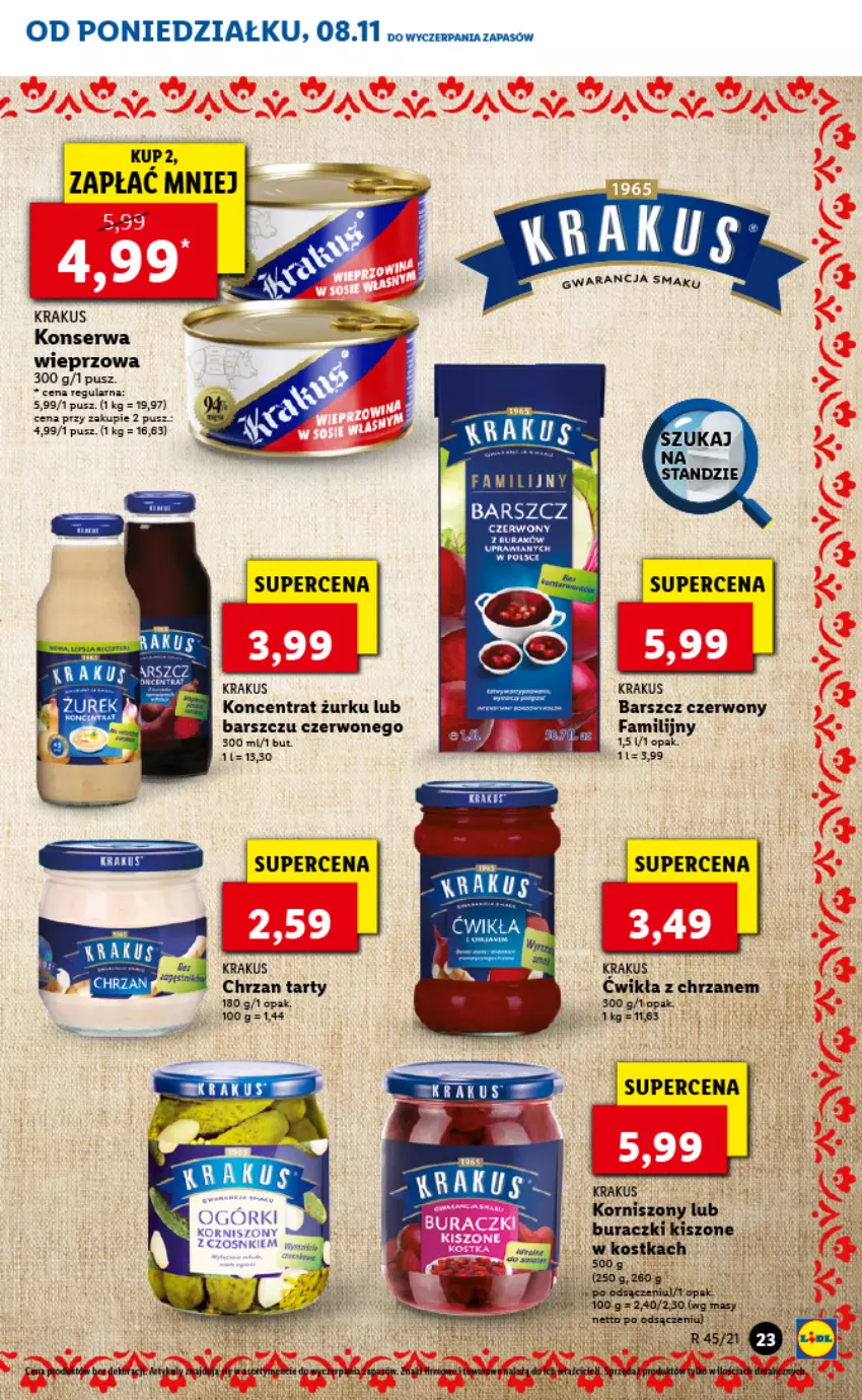 Gazetka promocyjna Lidl - GAZETKA - ważna 08.11 do 10.11.2021 - strona 23 - produkty: Buraczki, Chrzan, Fa, Korniszony, Krakus, Ser