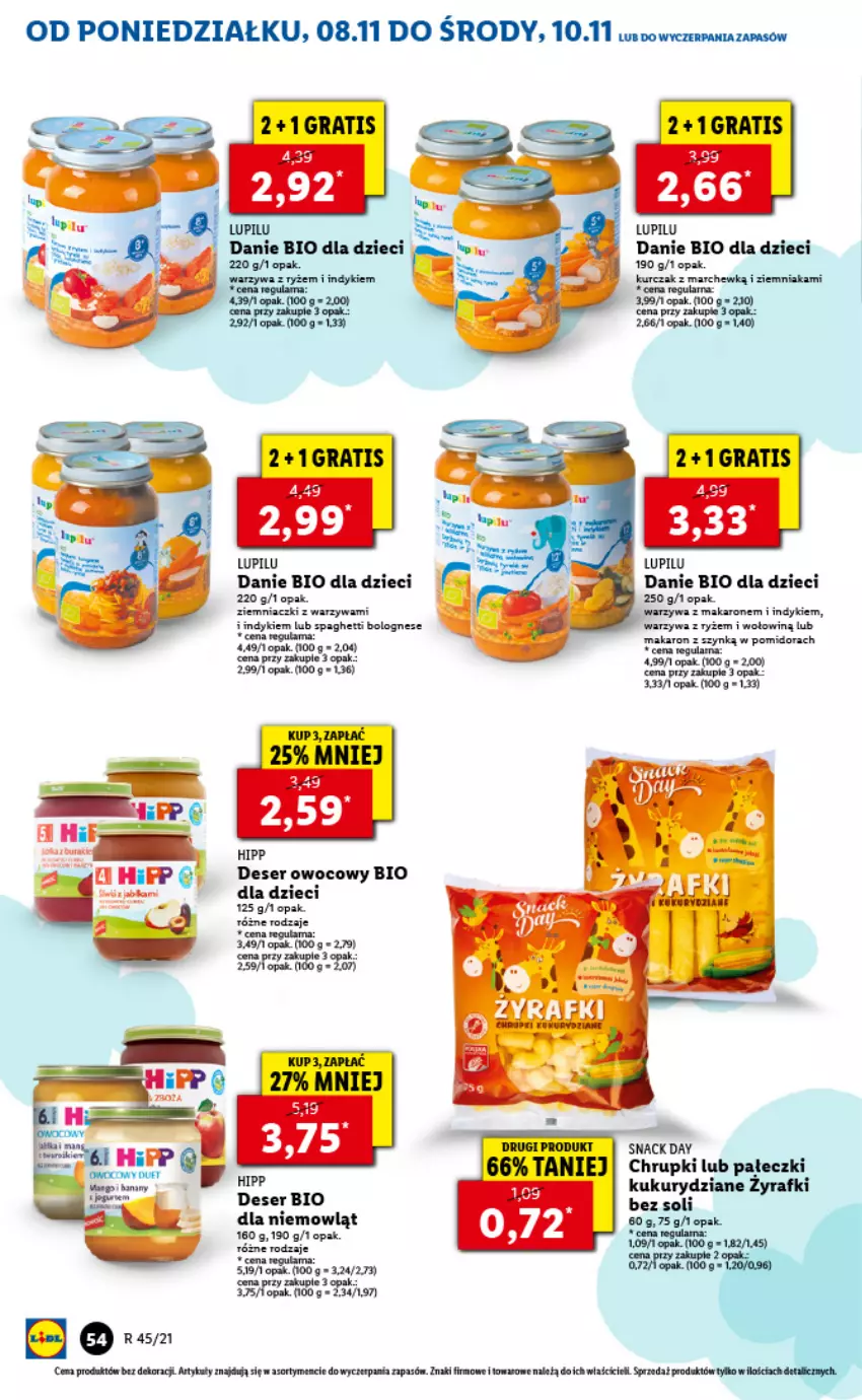 Gazetka promocyjna Lidl - GAZETKA - ważna 08.11 do 10.11.2021 - strona 54 - produkty: Chrupki, Deser, Deser owocowy, Dzieci, HiPP, Kurczak, Makaron, Ryż, Ser, Warzywa