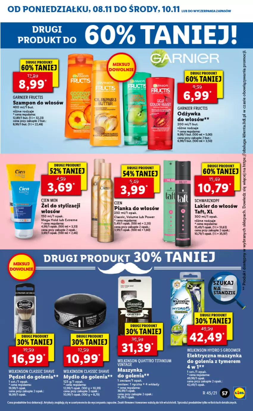 Gazetka promocyjna Lidl - GAZETKA - ważna 08.11 do 10.11.2021 - strona 57 - produkty: Fa, Fructis, Garnier, Lakier, Lakier do włosów, Odżywka, Pianka do włosów, Schwarzkopf, Szampon, Taft