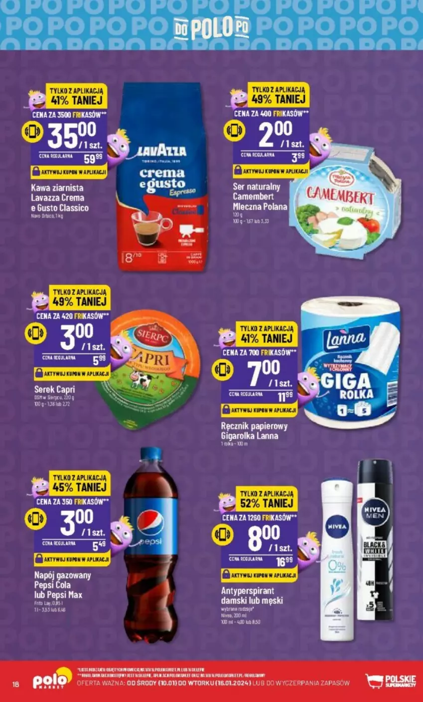 Gazetka promocyjna PoloMarket - ważna 10.01 do 16.01.2024 - strona 10 - produkty: Antyperspirant, Camembert, Kawa, Kawa ziarnista, LANA, Lavazza, Napój, Napój gazowany, Papier, Pepsi, Pepsi max, Ręcznik, Ser, Serek