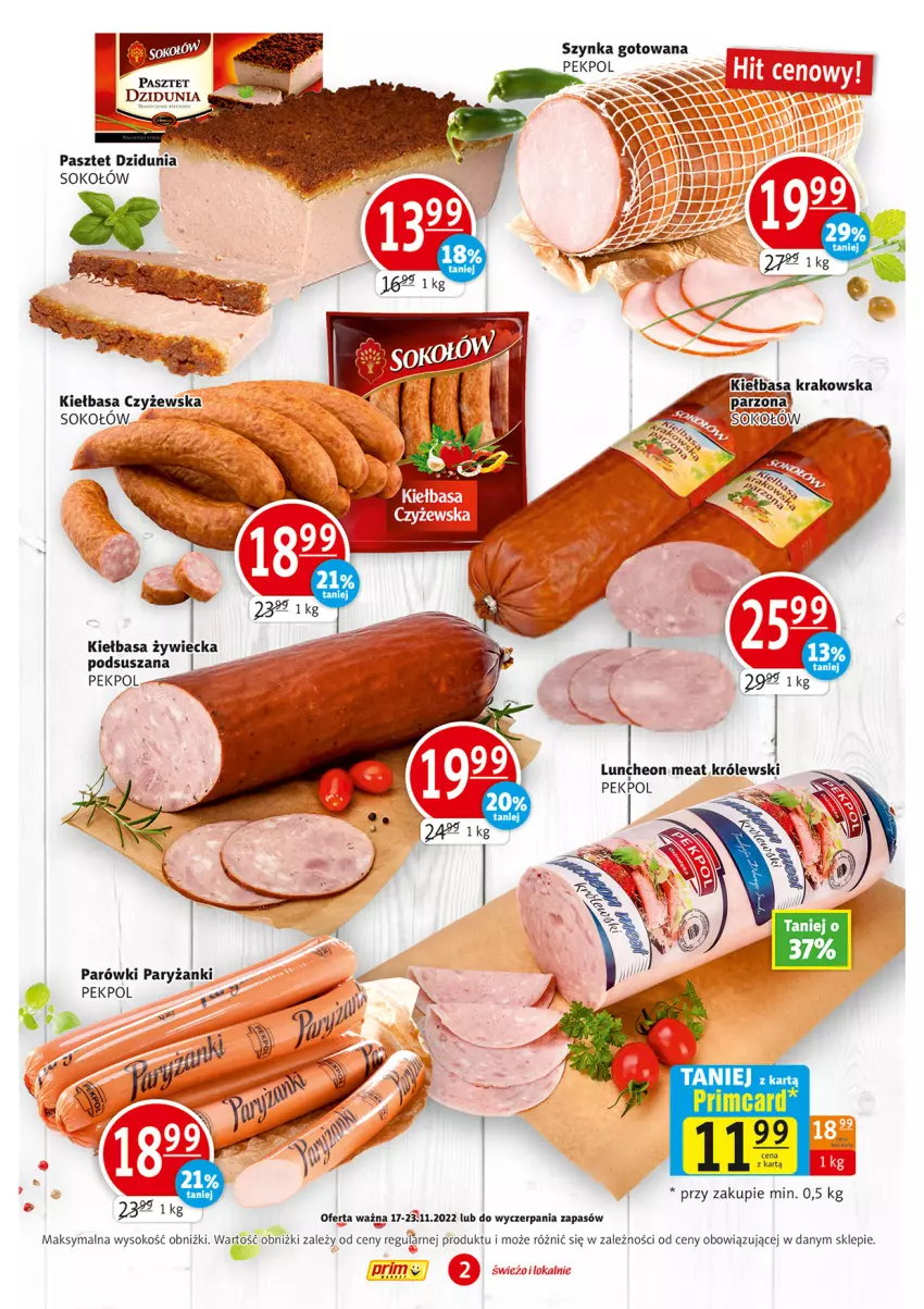 Gazetka promocyjna Prim Market - ważna 17.11 do 23.11.2022 - strona 2 - produkty: Kiełbasa, Królewski, Parówki, Pasztet, Pekpol, Ryż, Sok, Sokołów, Szynka