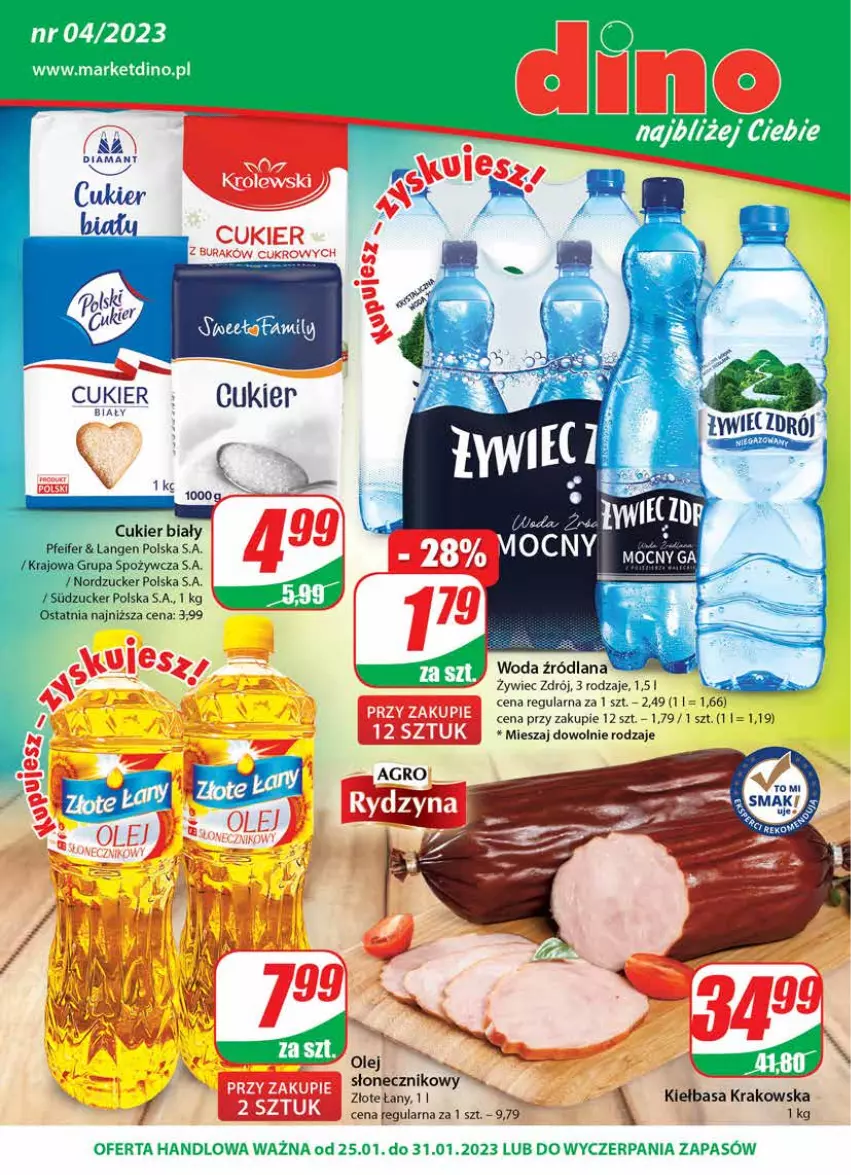 Gazetka promocyjna Dino - Gazetka - ważna 25.01 do 31.01.2023 - strona 1 - produkty: Cukier, Kiełbasa, Kiełbasa krakowska, LANA, Woda