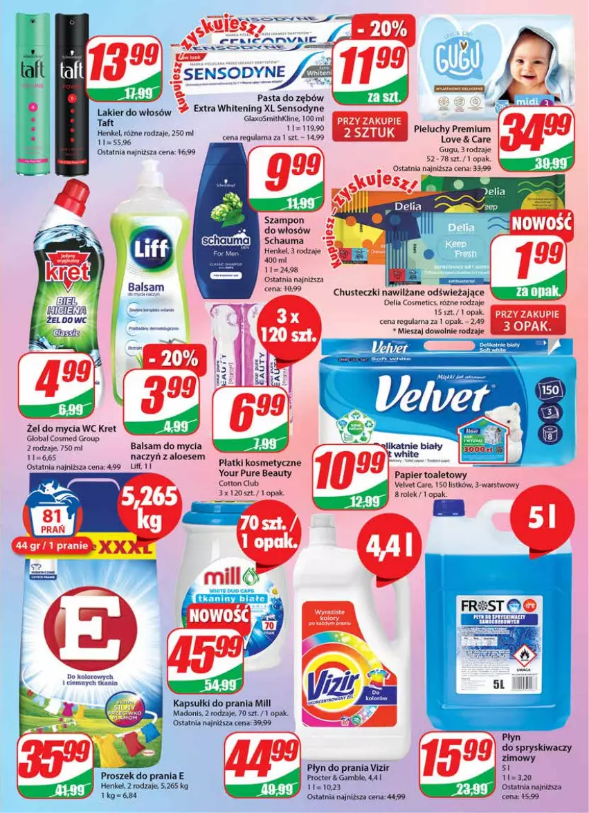 Gazetka promocyjna Dino - Gazetka - ważna 25.01 do 31.01.2023 - strona 23 - produkty: Balsam do mycia naczyń, Chusteczki, Dell, Do mycia naczyń, Kapsułki do prania, Kret, Lakier, Lakier do włosów, Papier, Papier toaletowy, Pasta do zębów, Pieluchy, Płatki kosmetyczne, Płyn do prania, Płyn do spryskiwaczy, Proszek do prania, Pur, Schauma, Sensodyne, Szampon, Taft, Velvet, Vizir