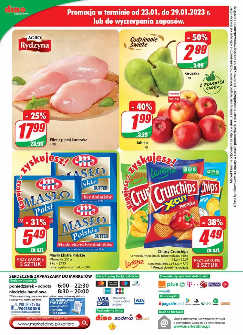 Gazetka promocyjna Dino - Gazetka - ważna 25.01 do 31.01.2023 - strona 24 - produkty: Chipsy, Crunchips, Fa, Filet z piersi kurczaka, Kurczak, Lorenz, Masło, Ser, Tera