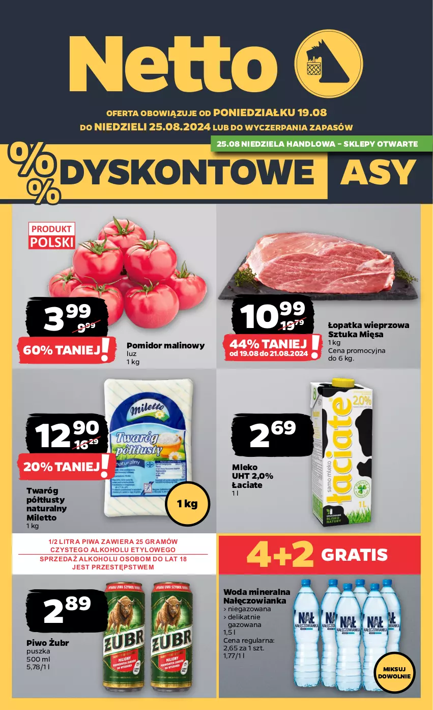 Gazetka promocyjna Netto - Artykuły spożywcze - ważna 19.08 do 25.08.2024 - strona 1 - produkty: Gra, Mleko, Nałęczowianka, Piwa, Piwo, Pomidor malinowy, Twaróg, Twaróg półtłusty, Woda, Woda mineralna