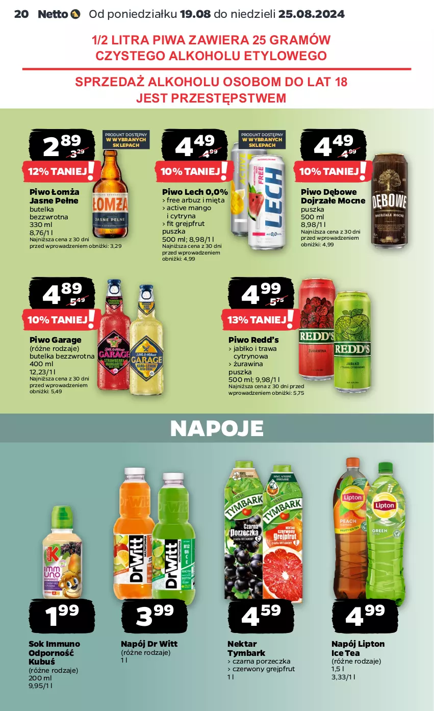 Gazetka promocyjna Netto - Artykuły spożywcze - ważna 19.08 do 25.08.2024 - strona 20 - produkty: Arbuz, Gra, Grejpfrut, Ice tea, Kubuś, Lipton, Mango, Mięta, Napój, Napoje, Nektar, Piwa, Piwo, Por, Sok, Tymbark