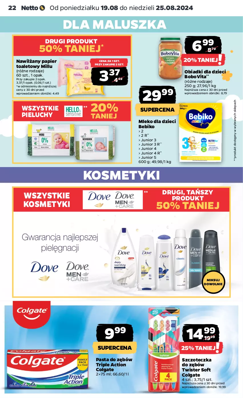 Gazetka promocyjna Netto - Artykuły spożywcze - ważna 19.08 do 25.08.2024 - strona 22 - produkty: Bebiko, BoboVita, Colgate, Dove, Dzieci, LG, Mleko, Mleko dla dzieci, Nawilżany papier, Papier, Papier toaletowy, Pasta do zębów, Pieluchy, Szczoteczka, Szczoteczka do zębów