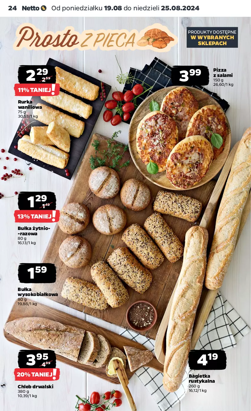 Gazetka promocyjna Netto - Artykuły spożywcze - ważna 19.08 do 25.08.2024 - strona 24 - produkty: Bagietka, Bułka, Chleb, Pizza, Rust, Salami, Sok