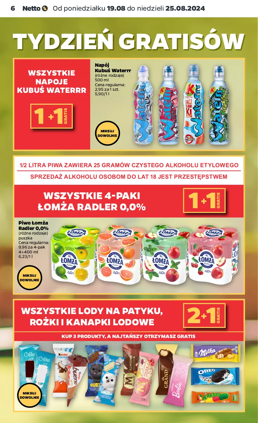 Gazetka promocyjna Netto - Artykuły spożywcze - ważna 19.08 do 25.08.2024 - strona 6 - produkty: Gra, Kubuś, Kubuś Waterrr, Lody, Napój, Napoje, Piwa, Piwo, Radler