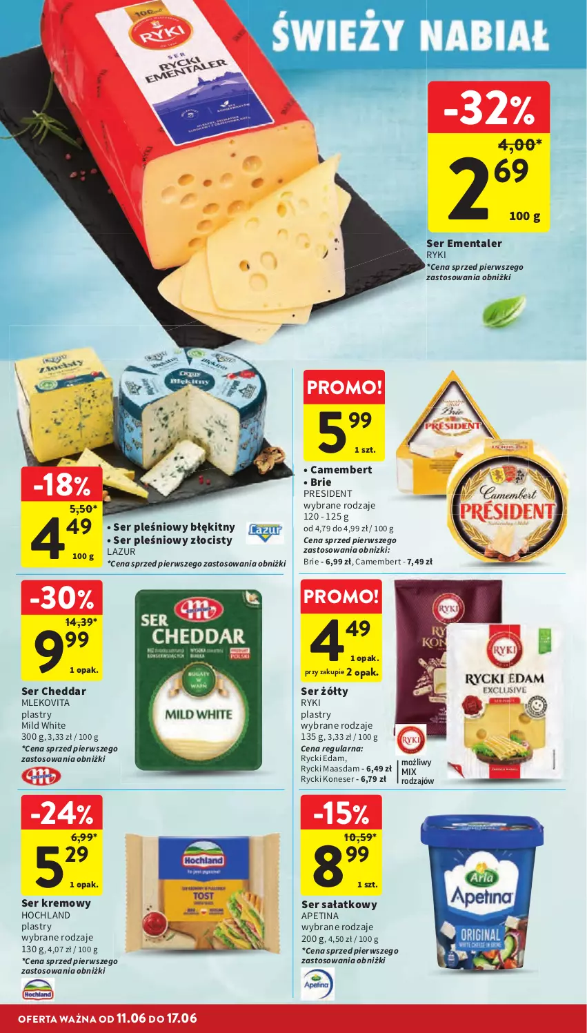 Gazetka promocyjna Intermarche - Gazetka Intermarche - ważna 11.06 do 17.06.2026 - strona 30 - produkty: Brie, Camembert, Cheddar, Edam, Ementaler, Hochland, Lazur, Maasdam, Mleko, Mlekovita, Rycki Edam, Sałat, Ser, Ser pleśniowy