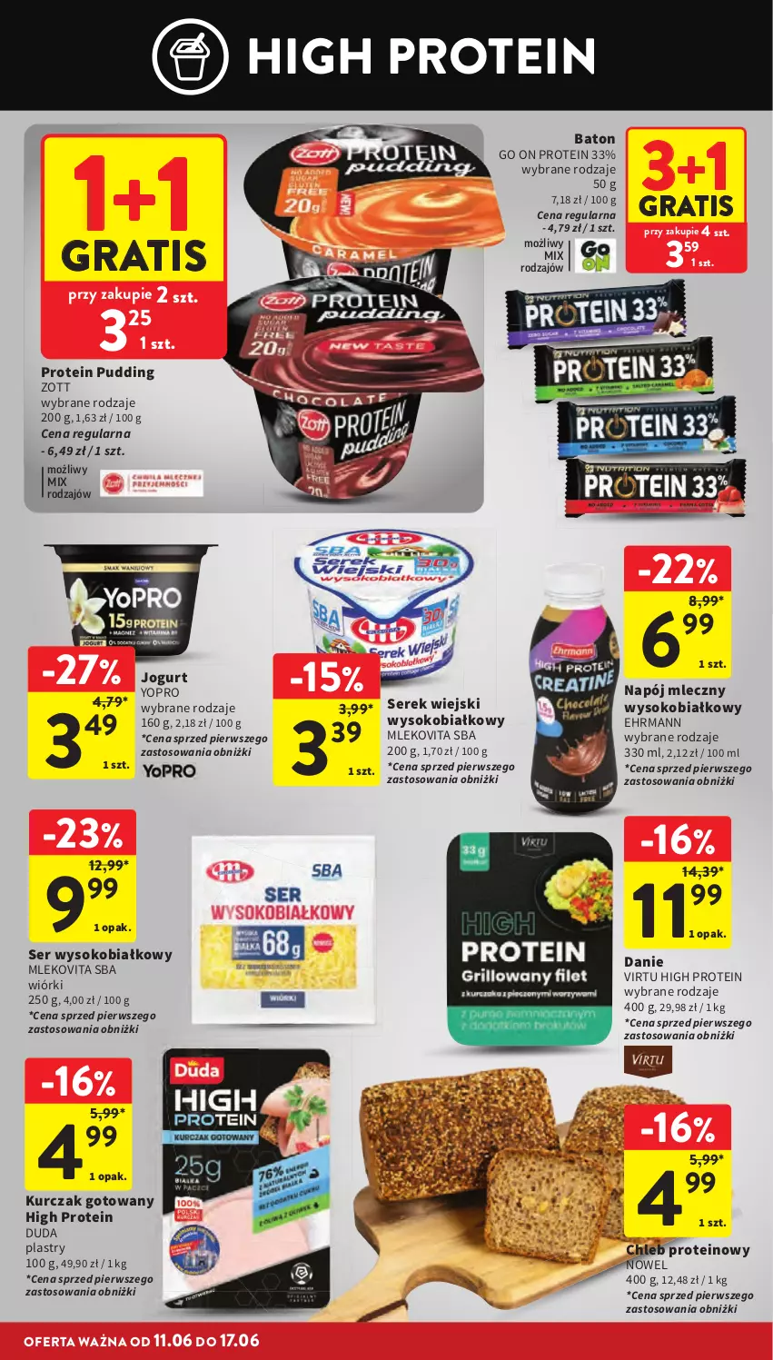 Gazetka promocyjna Intermarche - Gazetka Intermarche - ważna 11.06 do 17.06.2026 - strona 32 - produkty: Baton, Chleb, Chleb proteinowy, Duda, Gra, Jogurt, Kurczak, Kurczak gotowany, Mleko, Mlekovita, Napój, Napój mleczny, Pudding, Ser, Serek, Serek wiejski, Sok, Virtu, Zott