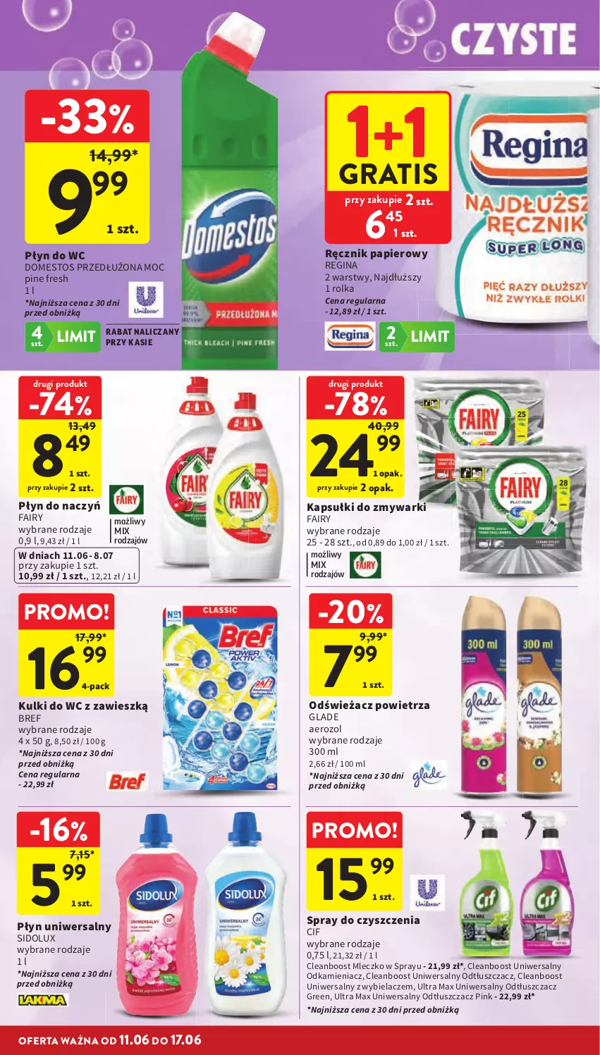 Gazetka promocyjna Intermarche - Gazetka Intermarche - ważna 11.06 do 17.06.2026 - strona 42 - produkty: Bref, Cif, Domestos, Fa, Fairy, Gin, Gra, Kulki do wc, Mleczko, Odkamieniacz, Odświeżacz powietrza, Odtłuszczacz, Papier, Płyn do wc, Ręcznik, Sidolux, Spray do czyszczenia, Zmywarki