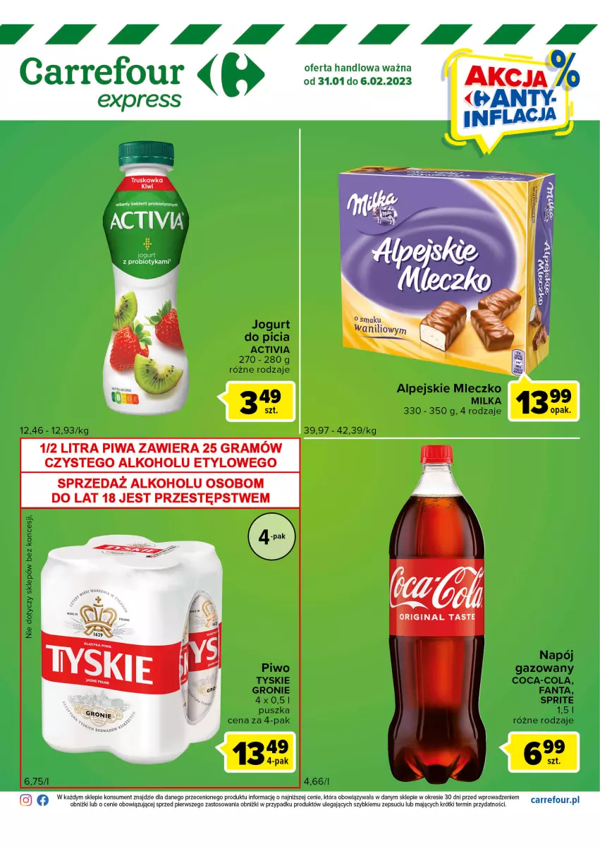 Gazetka promocyjna Carrefour - Gazetka Express - ważna 31.01 do 06.02.2023 - strona 2 - produkty: Activia, Coca-Cola, Fa, Fanta, Gra, Jogurt, Milka, Mleczko, Napój, Piwa, Piwo, Sprite, Tyskie